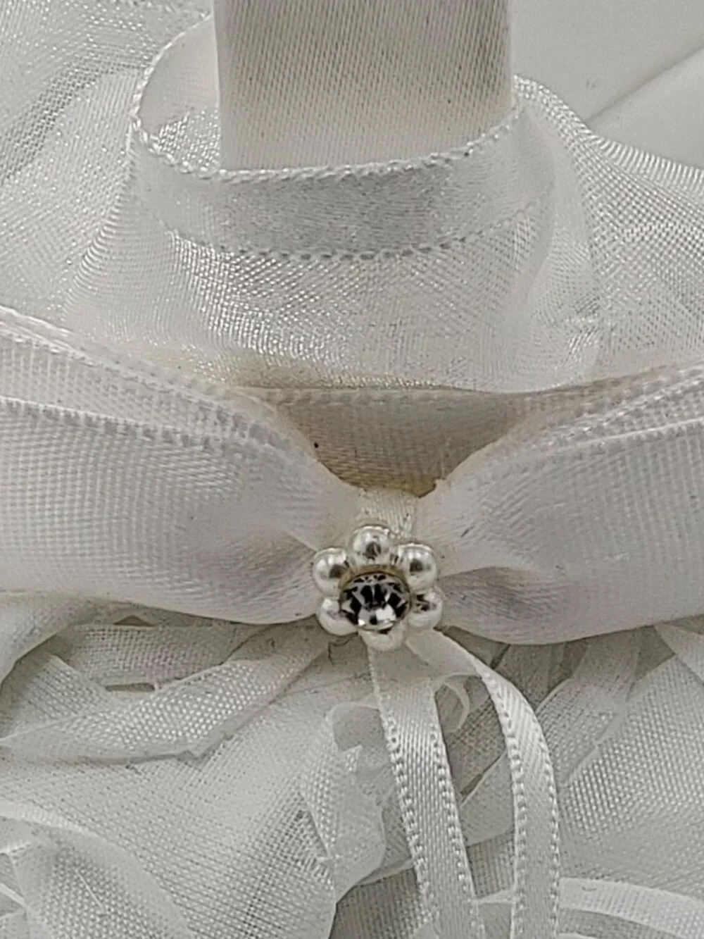 White Satin Flower Girl Basket With Ribbon & Rosette Details For Wedding Ceremon